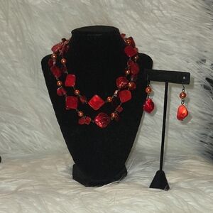 Vibrant Red Beaded Necklace and Earring Set